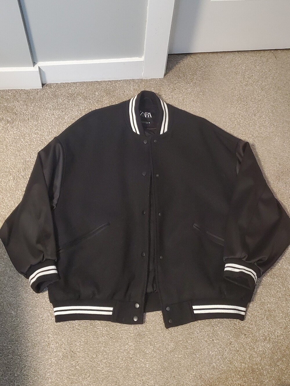 Zara Oversized Black Varsity Bomber Jacket with White Stripe Trim